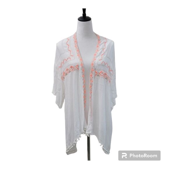 Umgee Neon Embroidered Boho Open Front Flyaway Hi Lo Cardigan W/ Pompon Size M/L - Picture 1 of 6